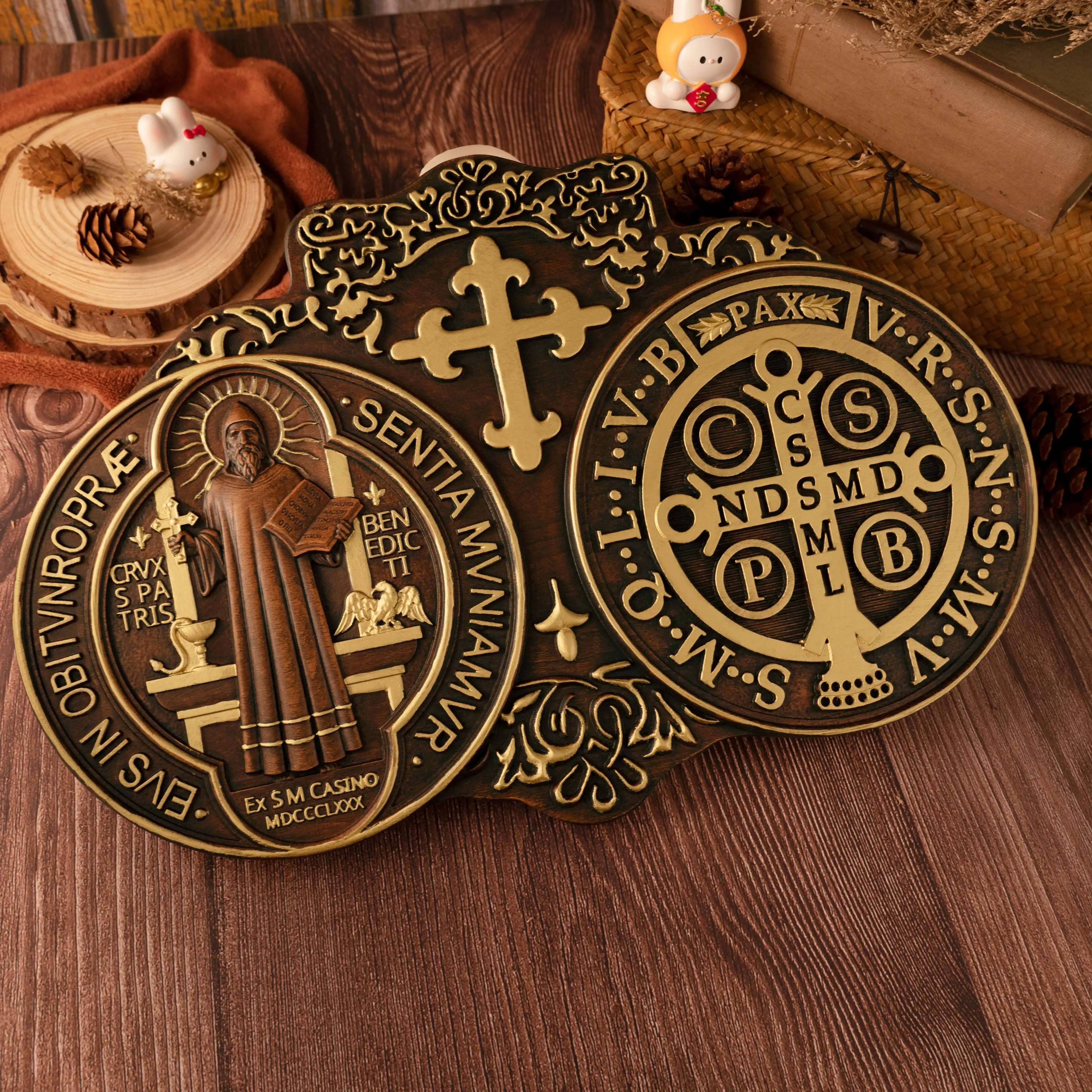 Saint benedict medal exorcism plaque catholic icon church religious object baptism wood carving wall decoration - gold
