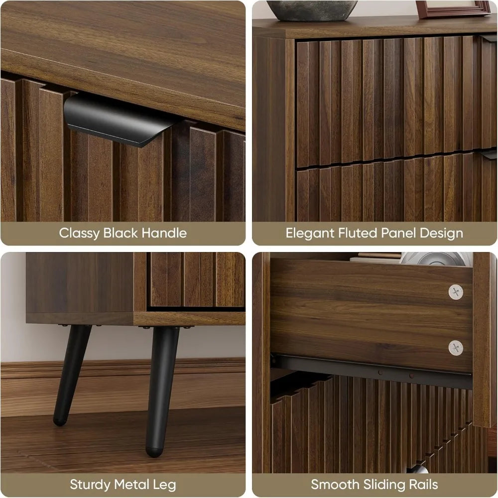 Fluted 3 drawers dresser mid- century modern wooden chest of large night stand organizer for bedroom living room wal