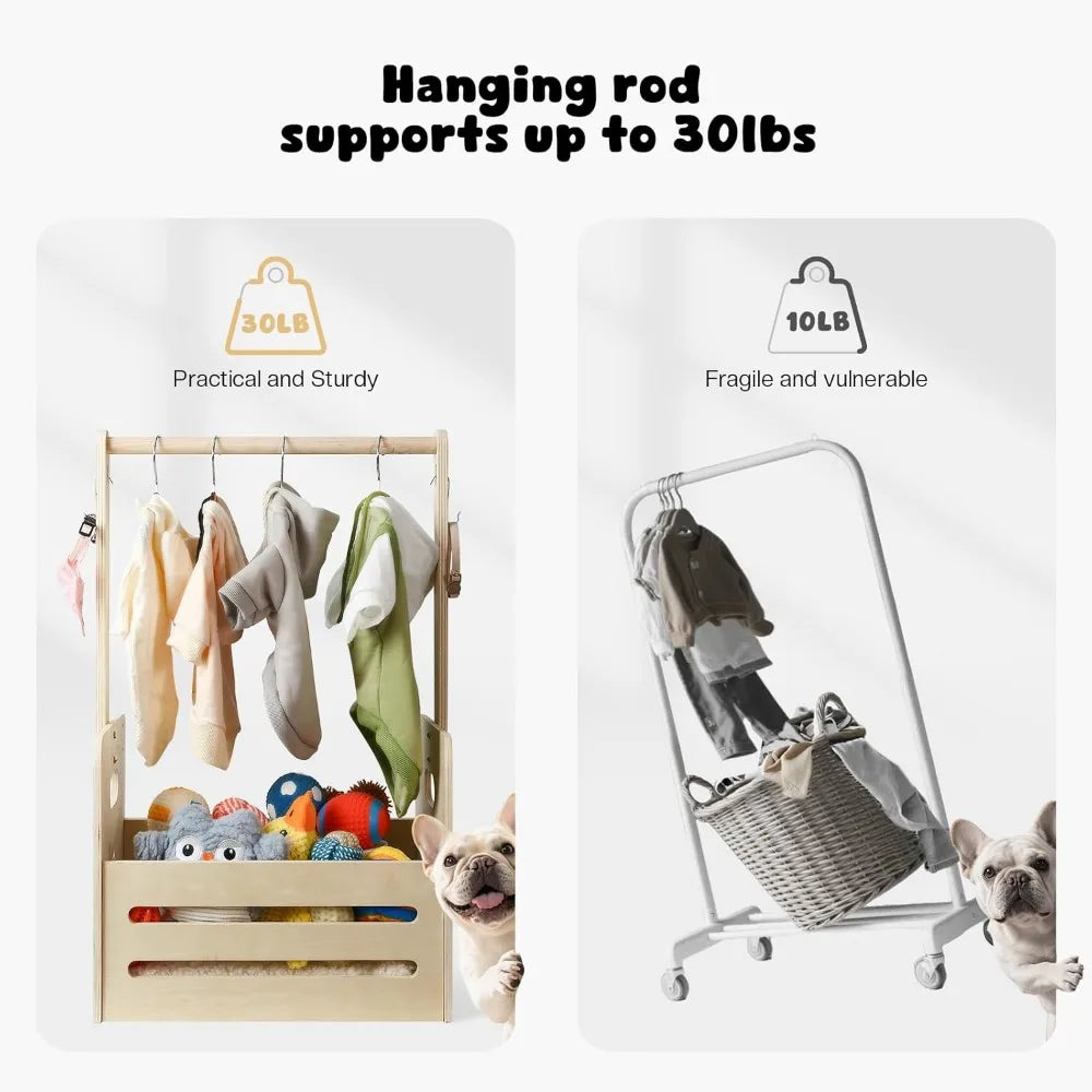 35l wooden dog storage organizer toy bin with hanging rods 27’’x16’’x11’’ pet wardrobe closet 2 metal hooks clothes