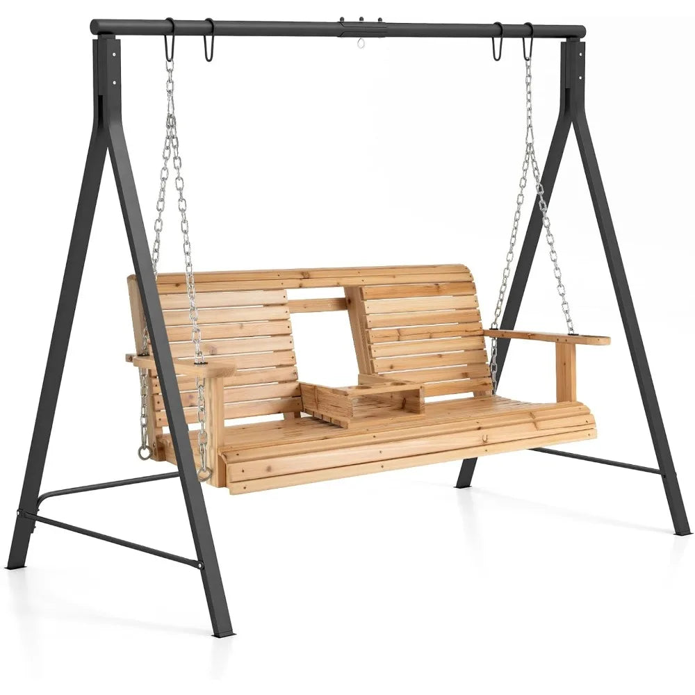 Porch swing with stand wood hanging patio 2 cupholder & heavy-duty a-shaped metal frame 2-person outdoor for - united