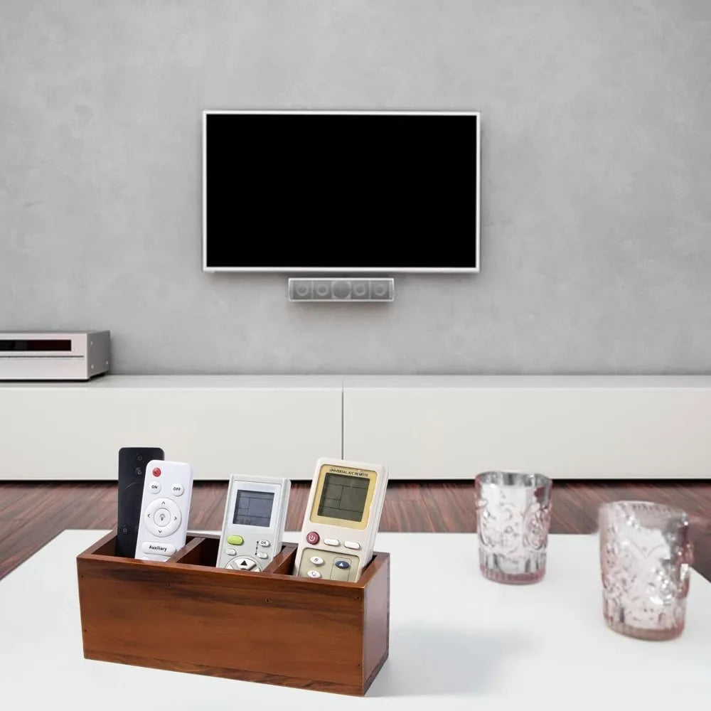 Wooden pencil holder 3 compartment wood desk organizers and accessories rustic remote control caddy office suppl