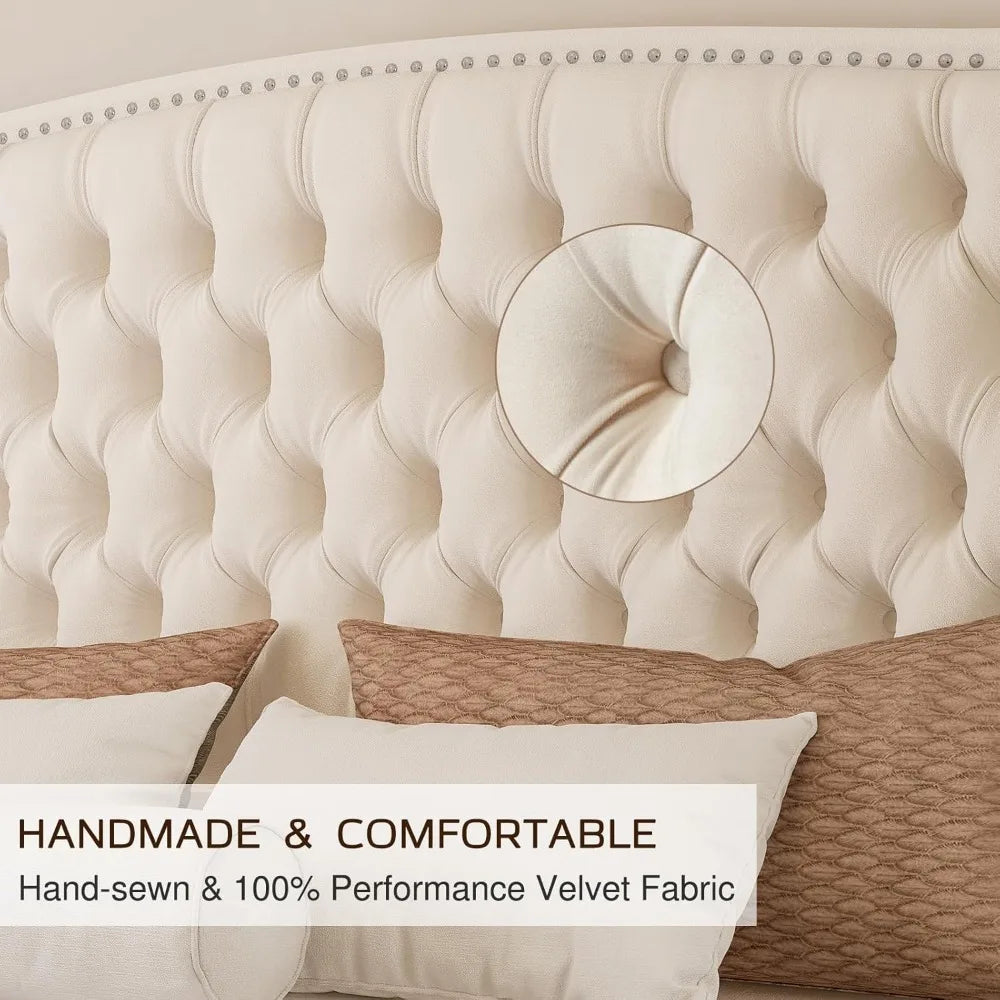 Queen platform bed frame with wingback headboard velvet upholstered handmade button tufted & nailhead wooden sl