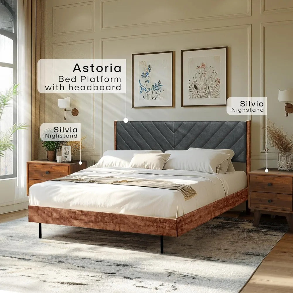 Acacia astoria solid wood upholstered bed frame queen platform with headboard elegant design durable construction