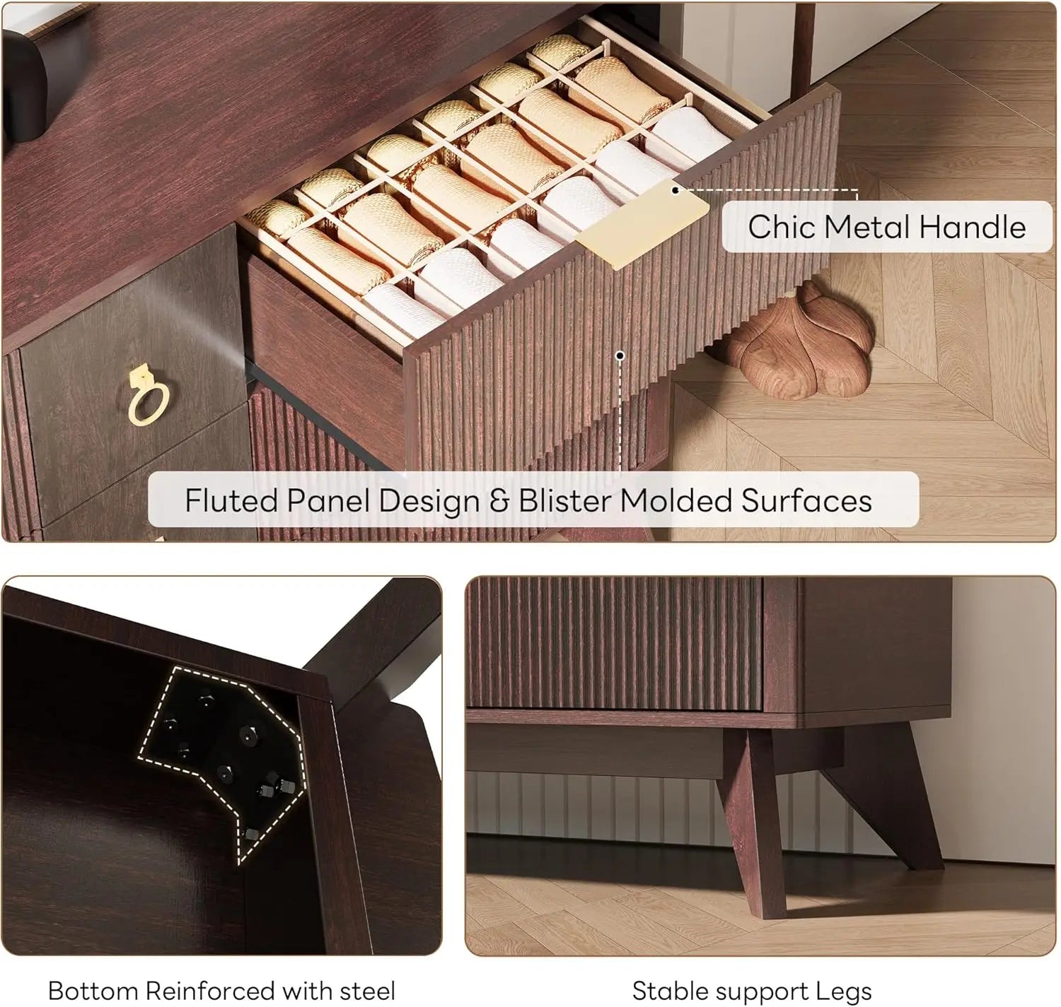 Likimio dresser for bedroom 9 drawers with led light 55’’ wide fluted chest of wood closet organizer hallway - white