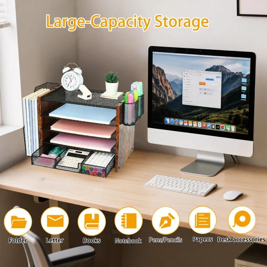 Wood desk organizers and accessories with file organizer 5-tier paper drawer pen holder for efficient office wor