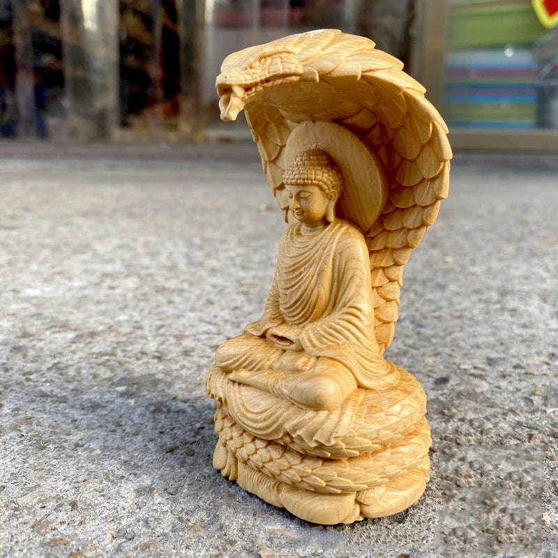 Snake buddha statue 4.72’’ cliff cypress wood carving protecting figurine living room ornaments home interior decor