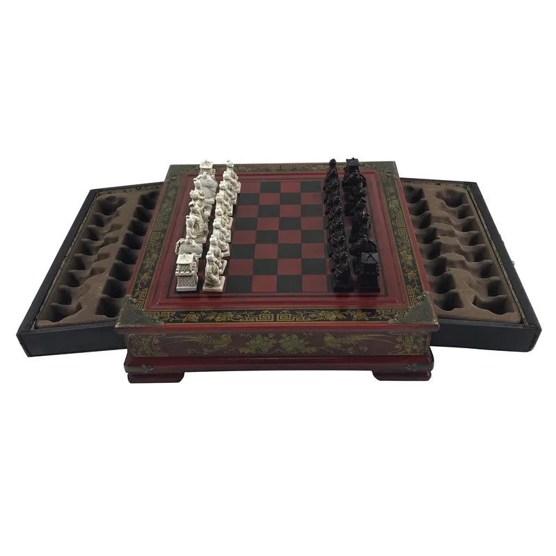 Antique three-dimensional chess terracotta army pieces high-grade vintage wooden table 26*26cm/10.24*10.24in - 1 set
