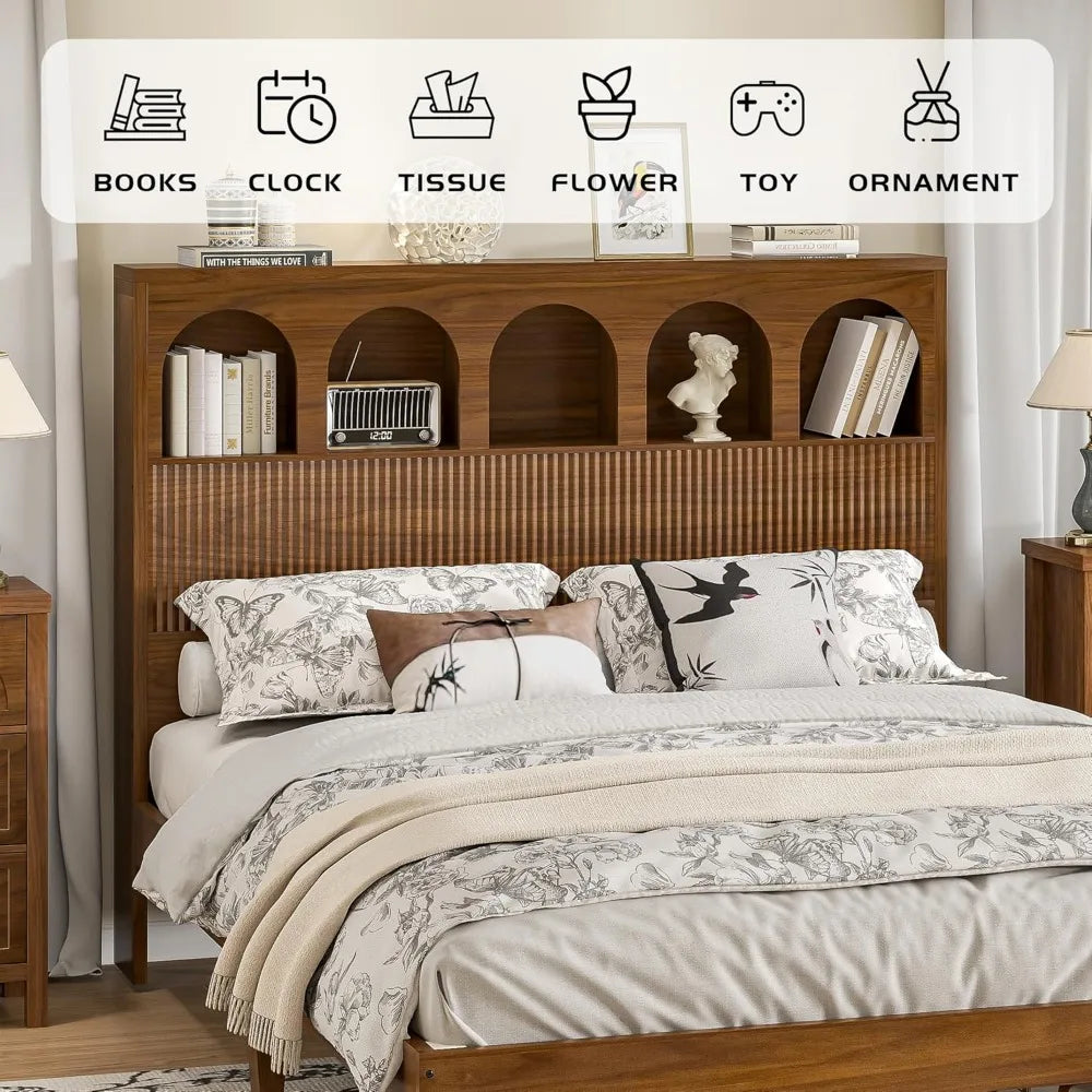 Farmhouse style queen bed frame with storage headboard and 5 arched compartments 12.4 inch high wooden base no box