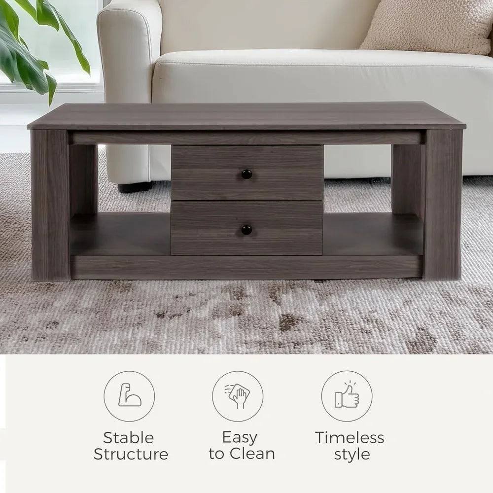 Coffee table,modern wooden rectangle tables with storage,2 drawer center table for living room
