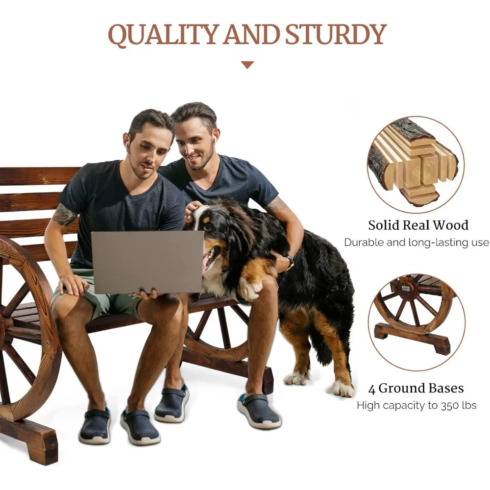 Rustic wooden wheel bench outdoor 2-person patio wagon slatted seat garden benches for outdoors 350lbs - united states
