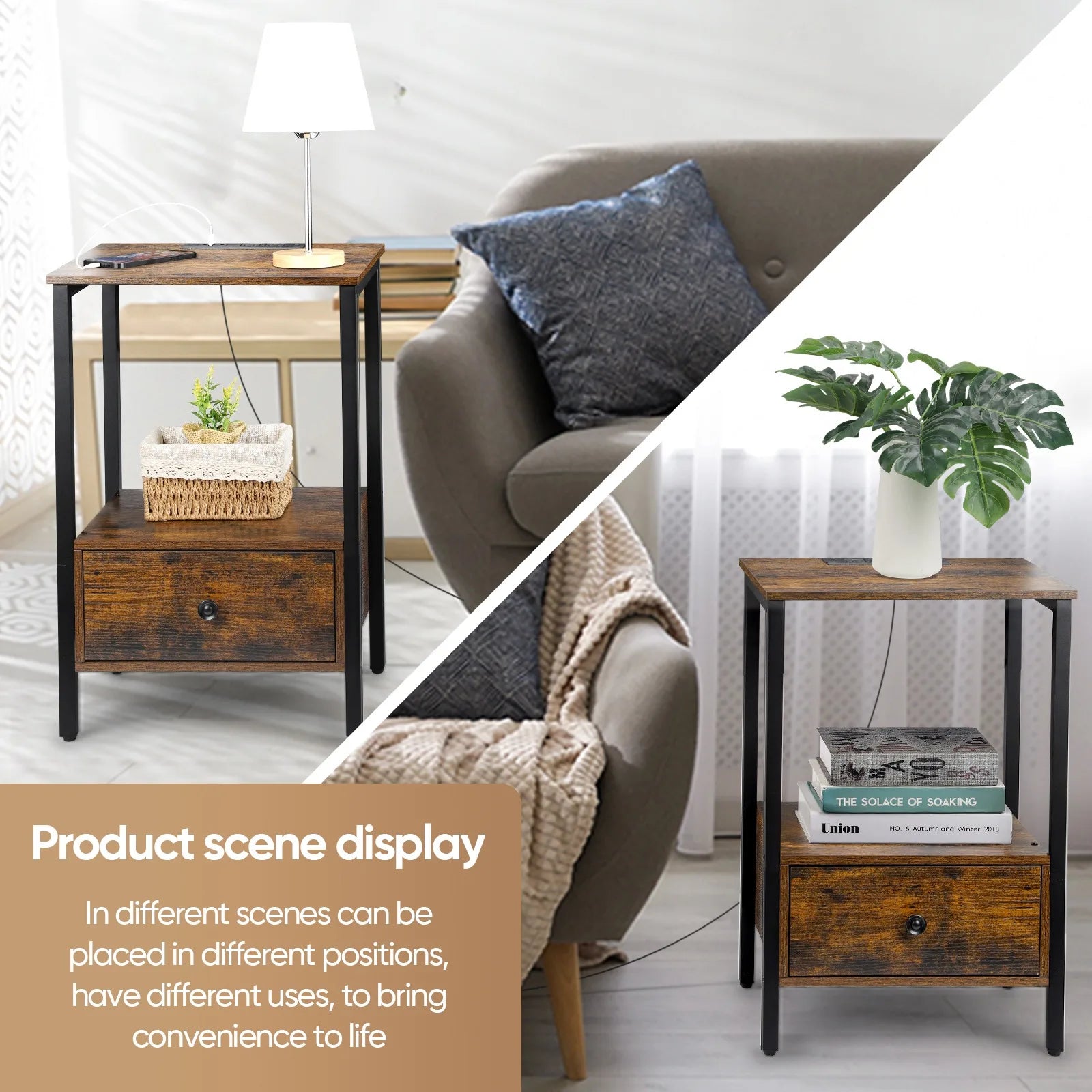 Set of 2 nightstand with usb ports & power outlets,narrow end table drawer,bedside tables for bedroom,living room