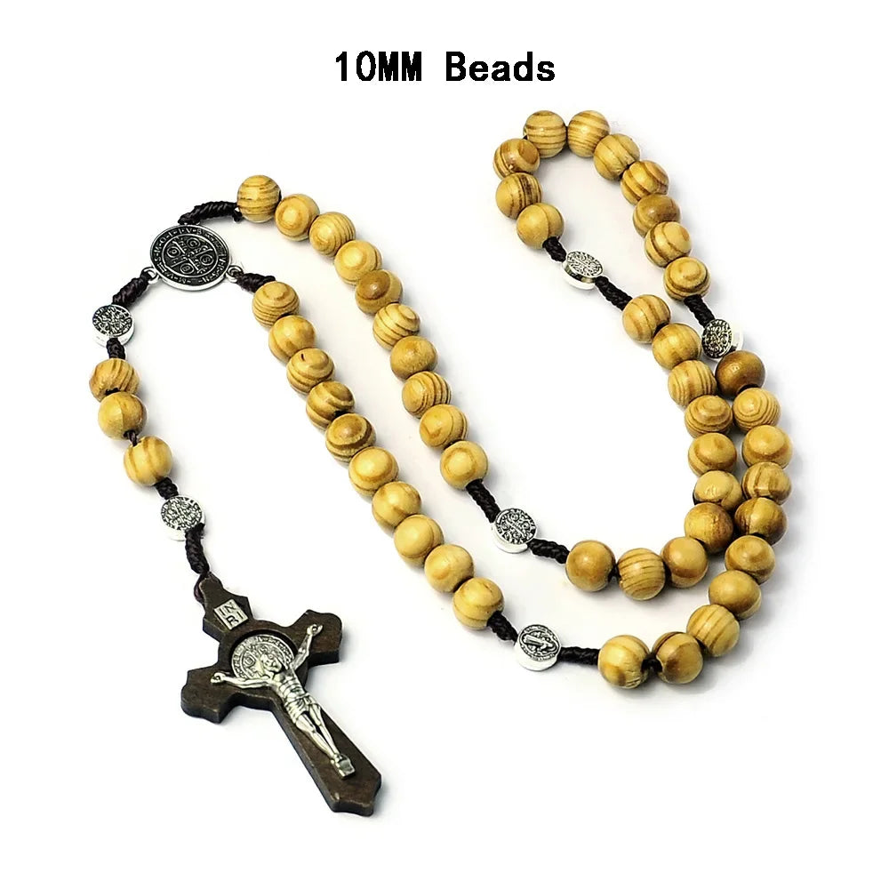 Catholic wood beaded rosary necklaces for women christian inri crucifix cross pendant long chain men religion prayer