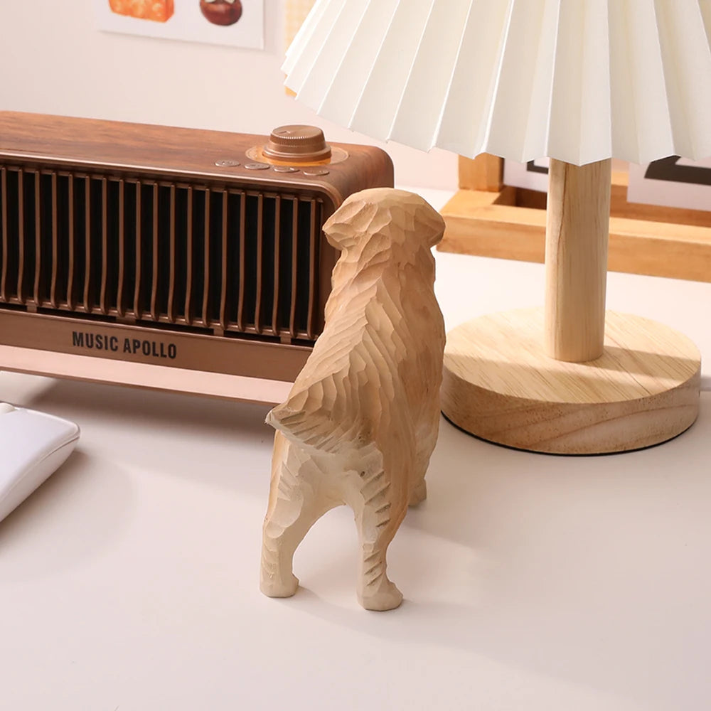 Golden retriever dog tabletop decoration birthday and christmas gifts handmade wood carving ornaments figurine - gold