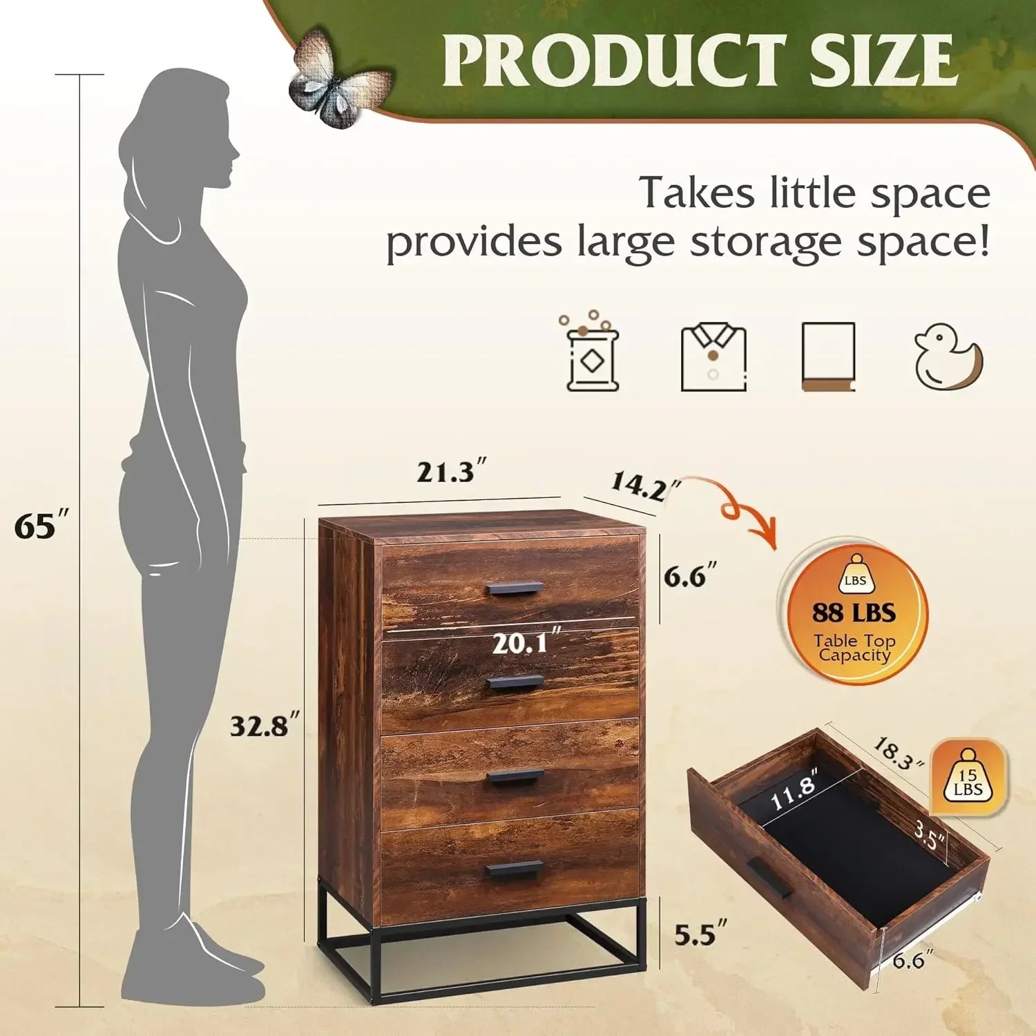 Wood dresser for bedroom with 4 drawers chest of tall sturdy metal frame hallway living room - united states