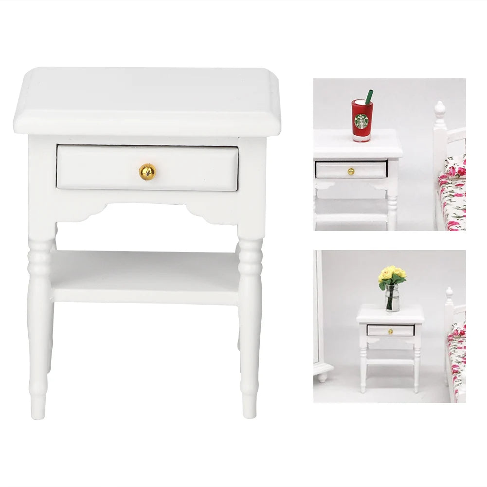 Wood bedside table furniture toy 1:12 white mini bedroom furnishing articles wooden model - a / united states