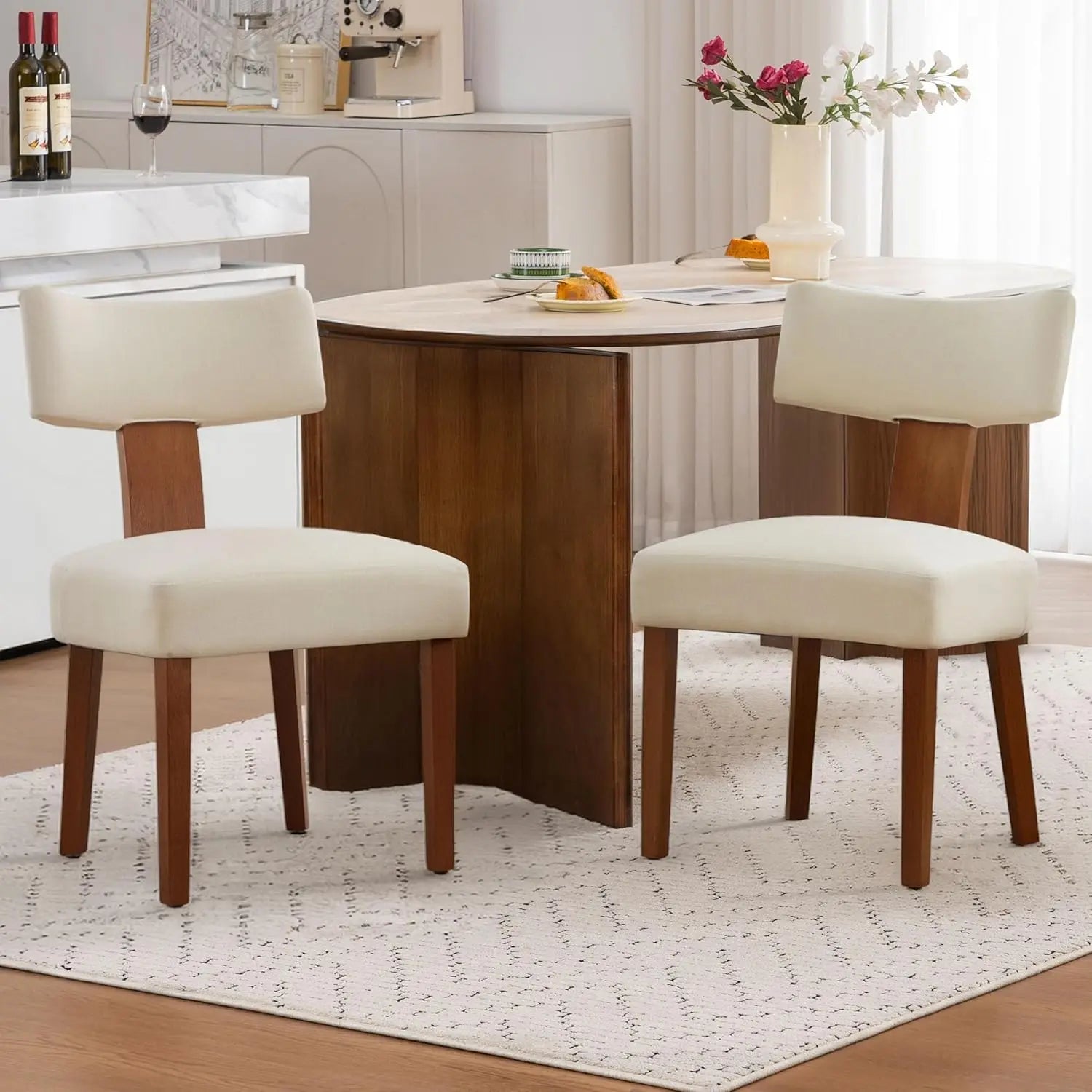 Wooden dining chairs set of 2,mid-century modern armless kitchen with curved backrest -hardwood frame farmhouse - beige