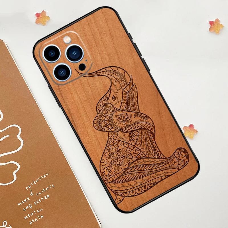 Turtle elephant dragon wood phone case for iphone 15 16 14 13 12 11 pro max mini plus xs x xr back cover - 9279 / 7 8