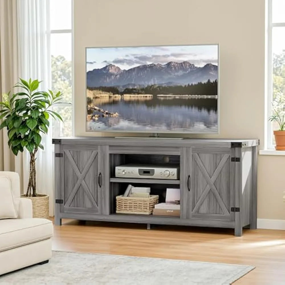 Tv stand with two barn doors and storage cabinets for televisions up to 65+ inch,entertainment center console table