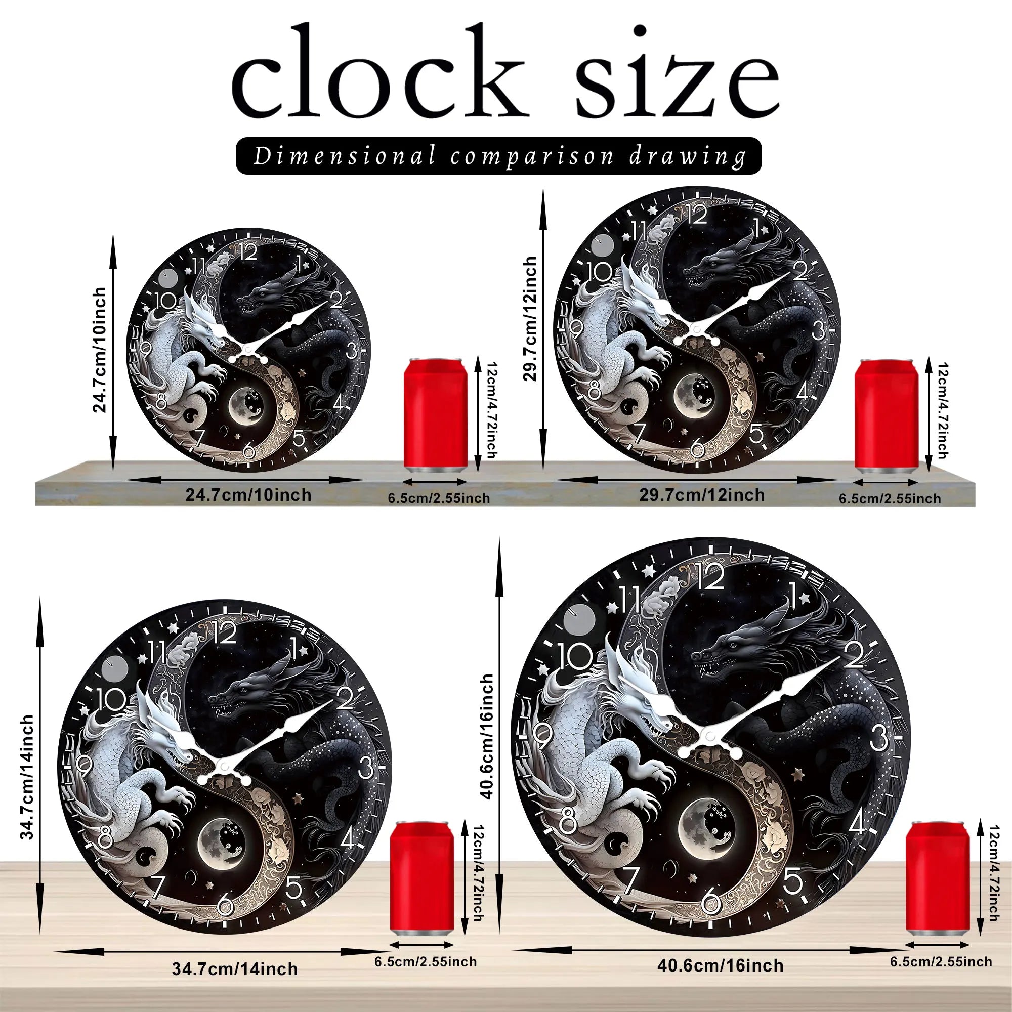 1pc round wooden wall clock oriental legend story black and white dragon design - silent non-ticking suitable