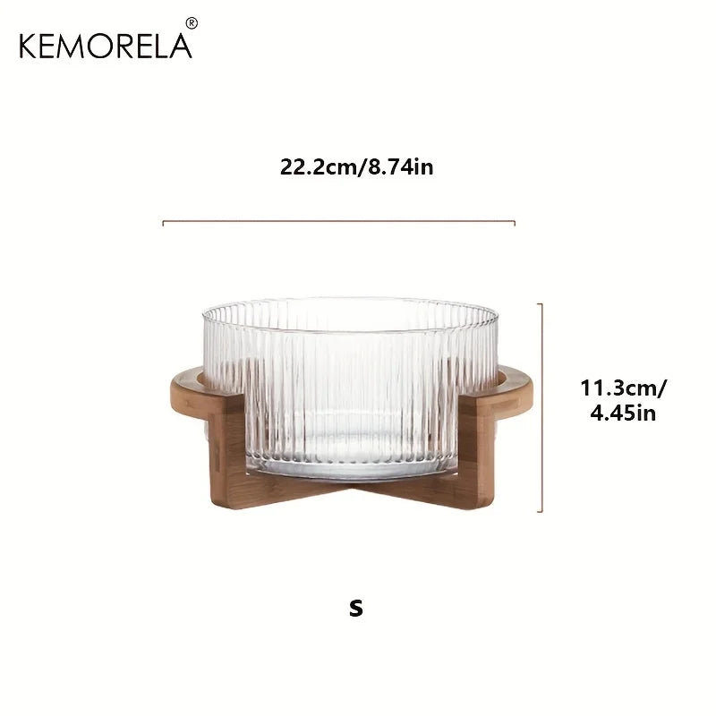 Kemorela striped glass bowl with wooden stand scratch-resistant round salad fruit dessert display for living room - 22cm
