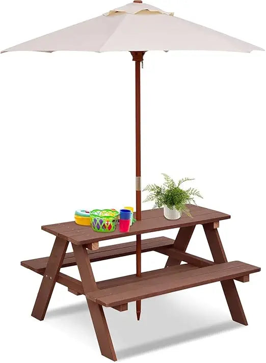Kids picnic table outdoor wooden bench set w/removable umbrella children backyard furniture for patio garden toddler