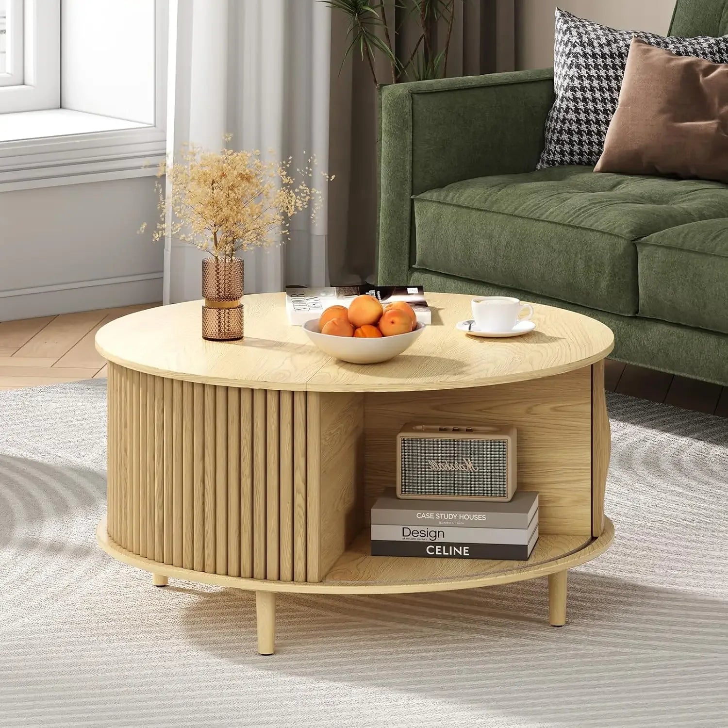 Round coffee table with storage,mid century modern sliding cabinet door,wood for living room - oak / united states