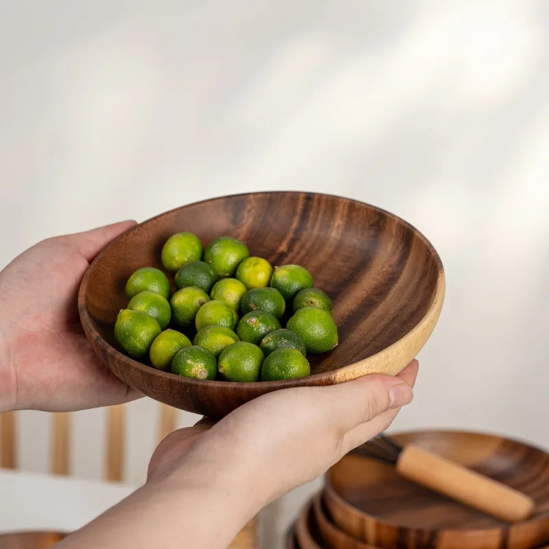 Japanese solid wood round fruit dish household dim sum salad baby fall proof wooden bowl whole thickened - 24x4.5cm
