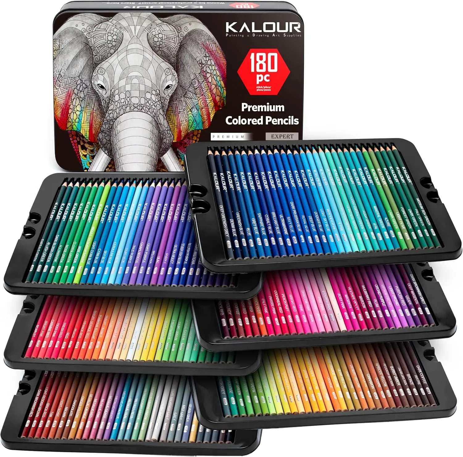 Kalour 180 colored pencil set for adults artists - rich pigment soft core -12 metallic - ideal coloring drawing - color