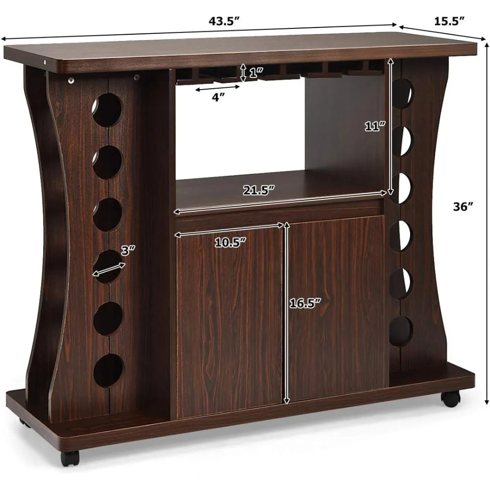 Rolling wood buffet cabinet with wine storage for 12 bottles and glass holder - united states / walnut - rack
