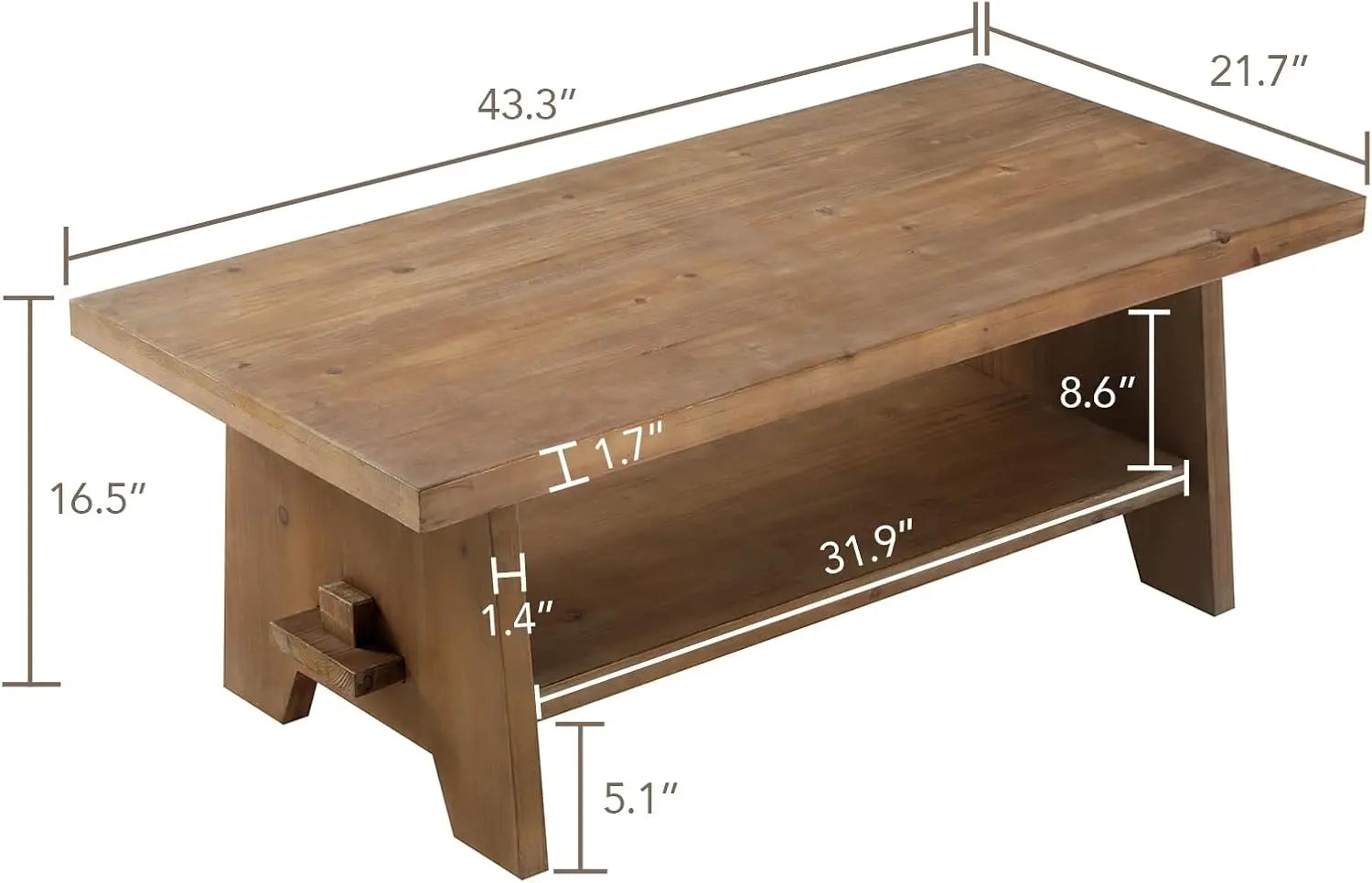 Farmhouse wood coffee table - 43.4” mid century modern wooden tables solid firwood tabletop rectangle
