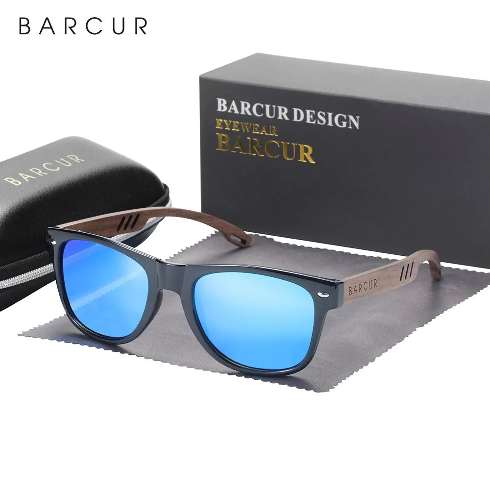 Barcur design wood sun glasses man natural walnut sunglasses women eyeglasses polarizing uv protection eyewear - blue