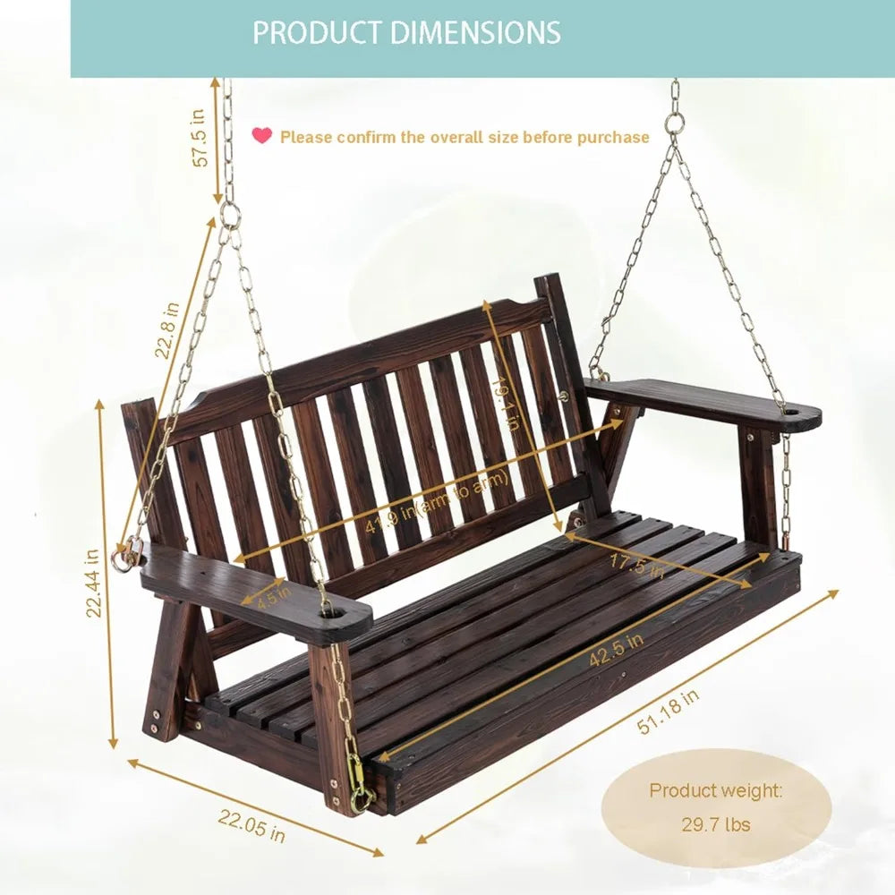 Wooden porch swing 2-seater bench with hanging chains heavy duty 800 lbs for outdoor patio garden yard 4 ft br - united