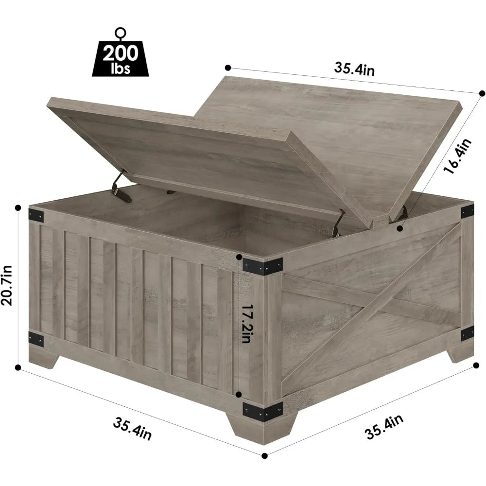 Farmhouse coffee table with storage 35.4’’ square center hinged lift top vintage wood cocktail thickened - ash gray