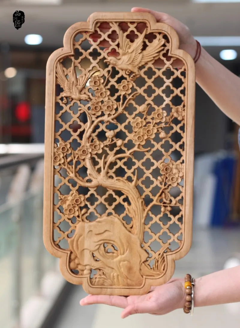 Chinese classical hollow wood carving crafts camphor wall hanging background home decoration height 35cm