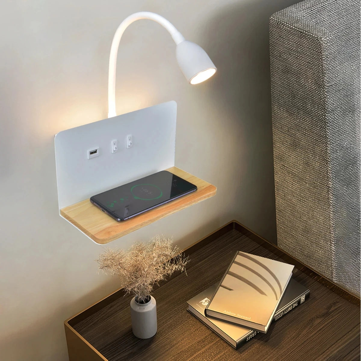 Minimalist wooden wireless charging wall lamp usb dual control switch led indoor bedside study room living light