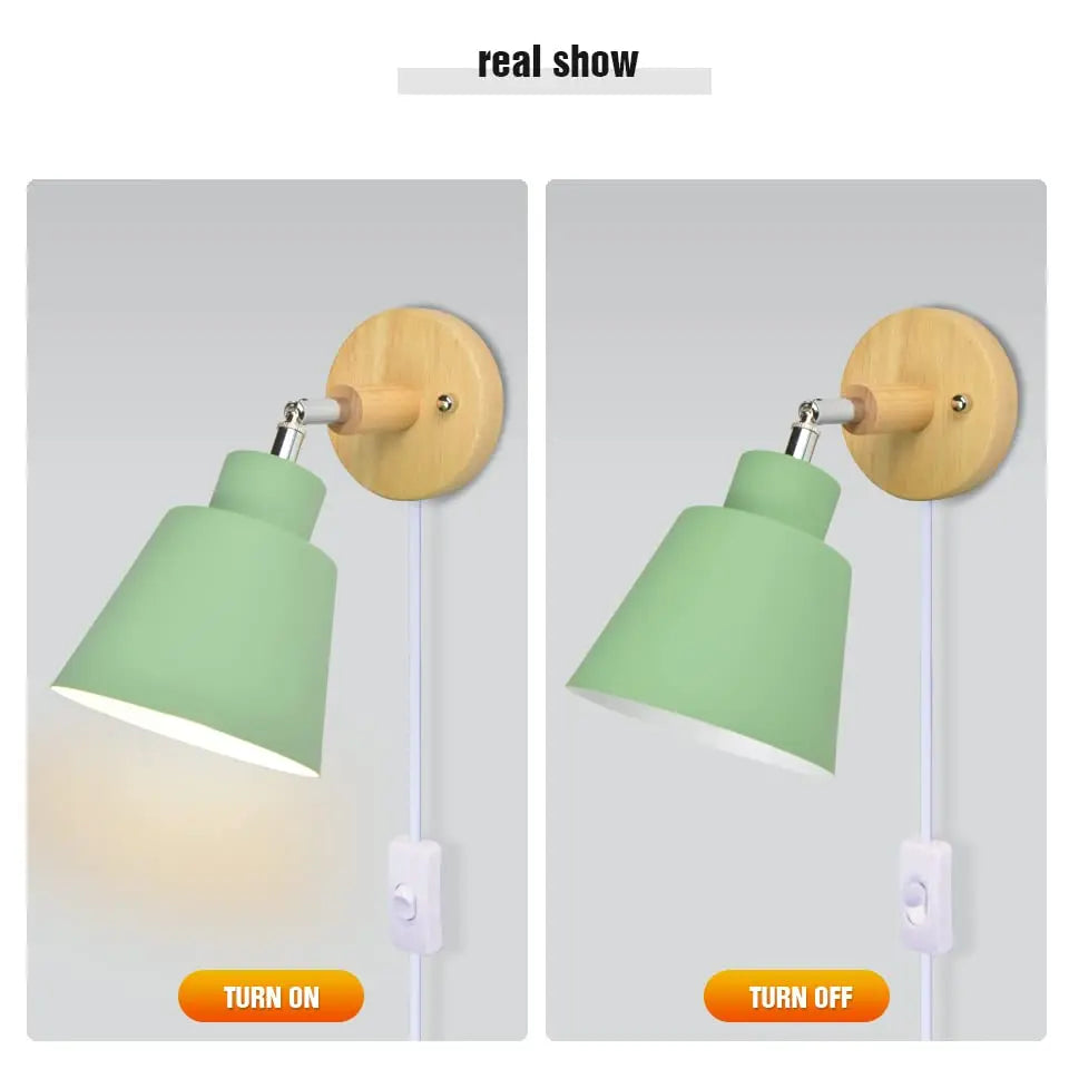 Nordic wood wall lamp with plug and 1.8 meters line cable knob switch creative bedside wall light eu wooden base