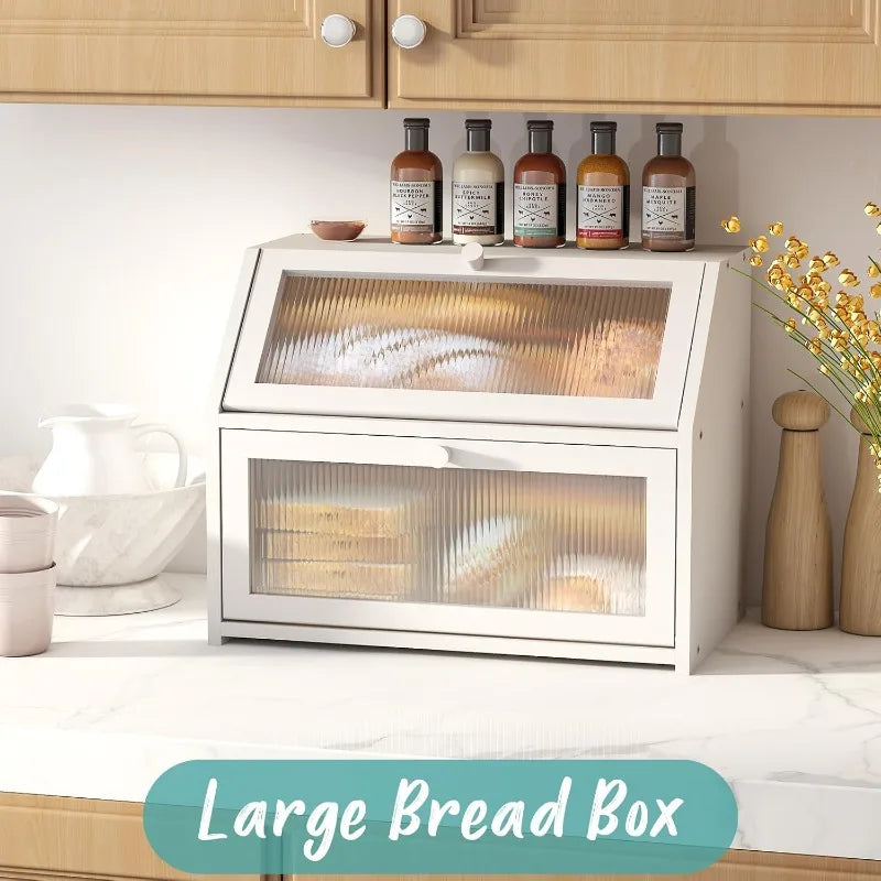 White bread box for kitchen counter large bamboo wood double layer wooden storage capacity - united states