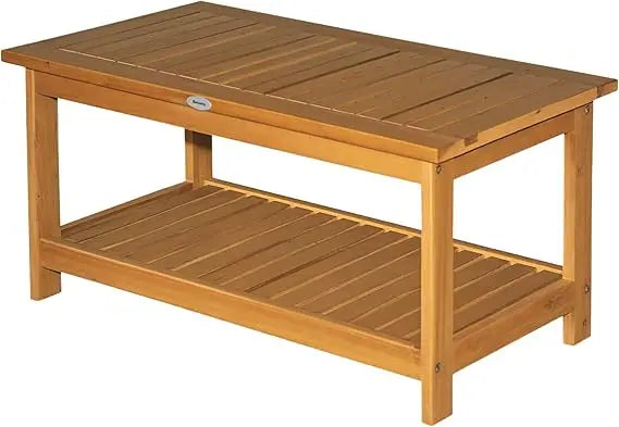 Rectangular acacia wood outdoor coffee table with two shelves - natural finish for patio deck lawn and garden storage