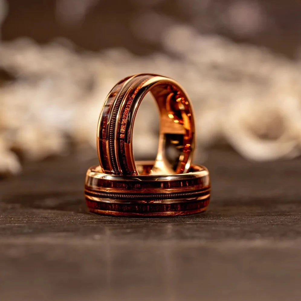 Fashion 8mm rose gold color stainless steel guitar string rings for men inlay hawaiian koa wood wedding band jewelry