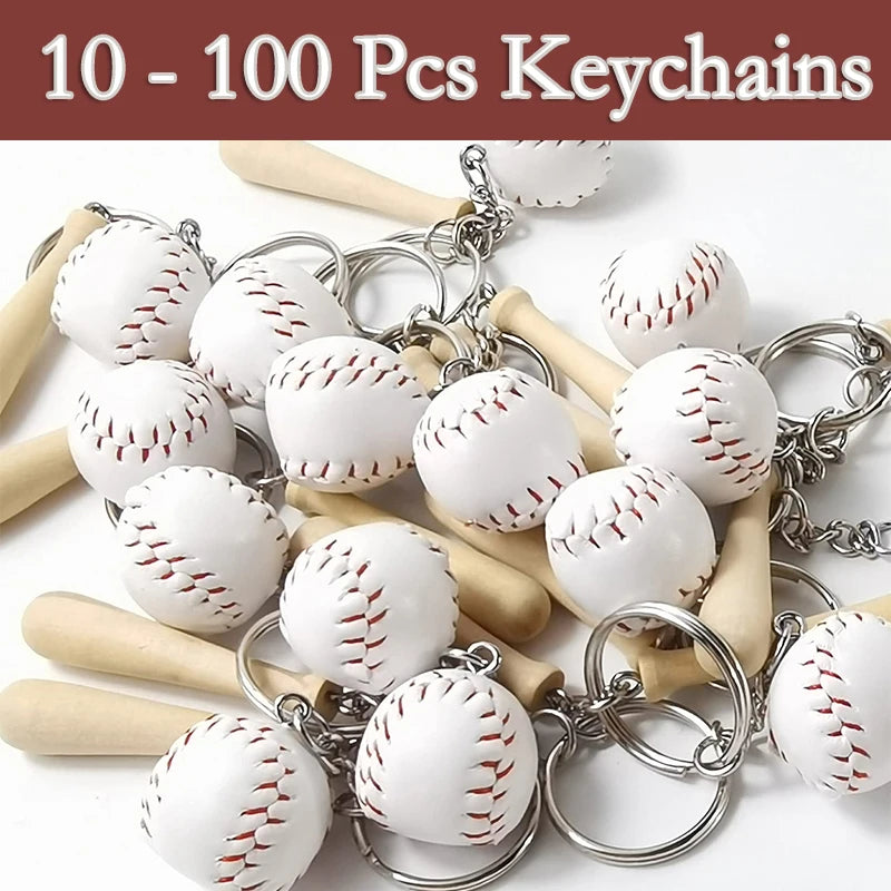10-100pcs sport baseball keychains for car wooden charms keyrings women men handbag key chains diy accessories - chain