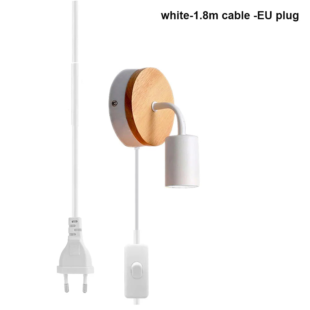 1.8m modern simple iron art wall light fixture e27 with eu plug wood bedside lamp for bedroom living room stair aisle