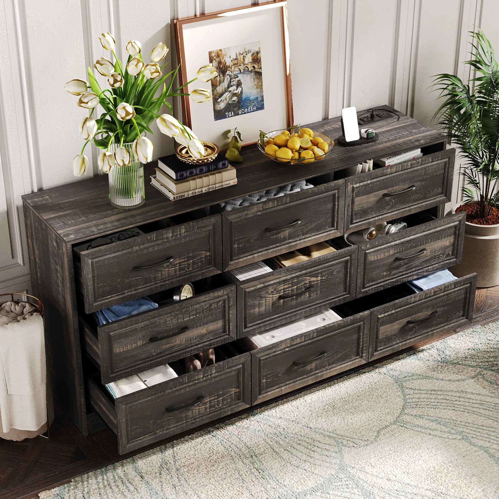 Vabches wood dresser for bedroom 9 drawer with power outlet&metal handles chest of drawers storage organizer hallway