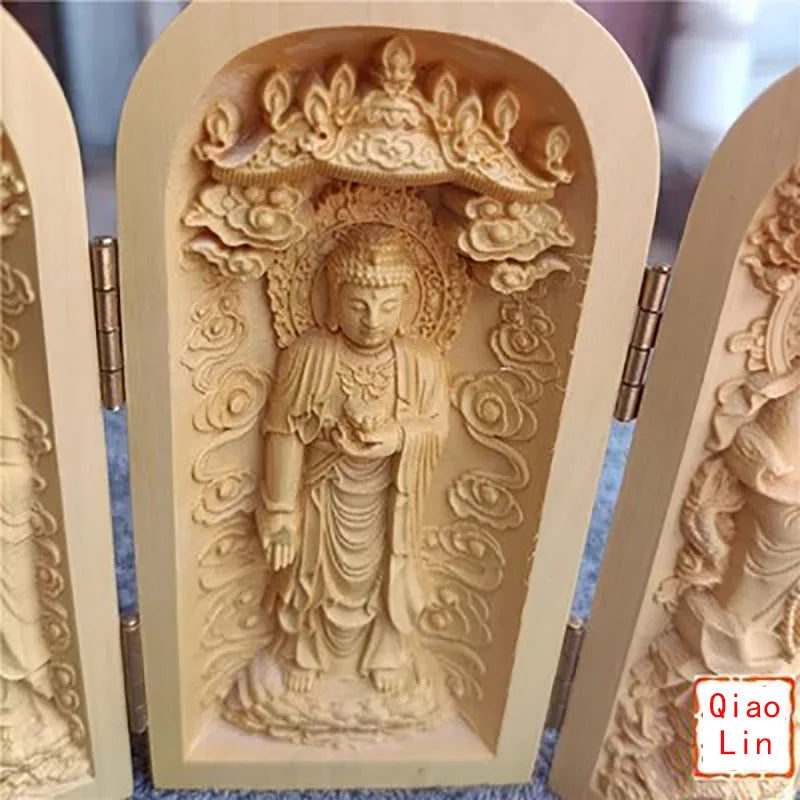Solid wood carving three open buddha statue collapsible sculpture living room and bedroom decoration modern art