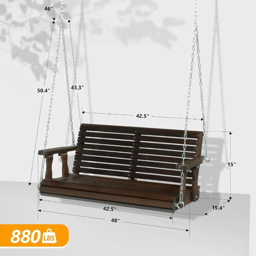 Upgraded heavy duty wooden patio swing chair bench for courtyard and garden with rustic design 4 ft long supports up