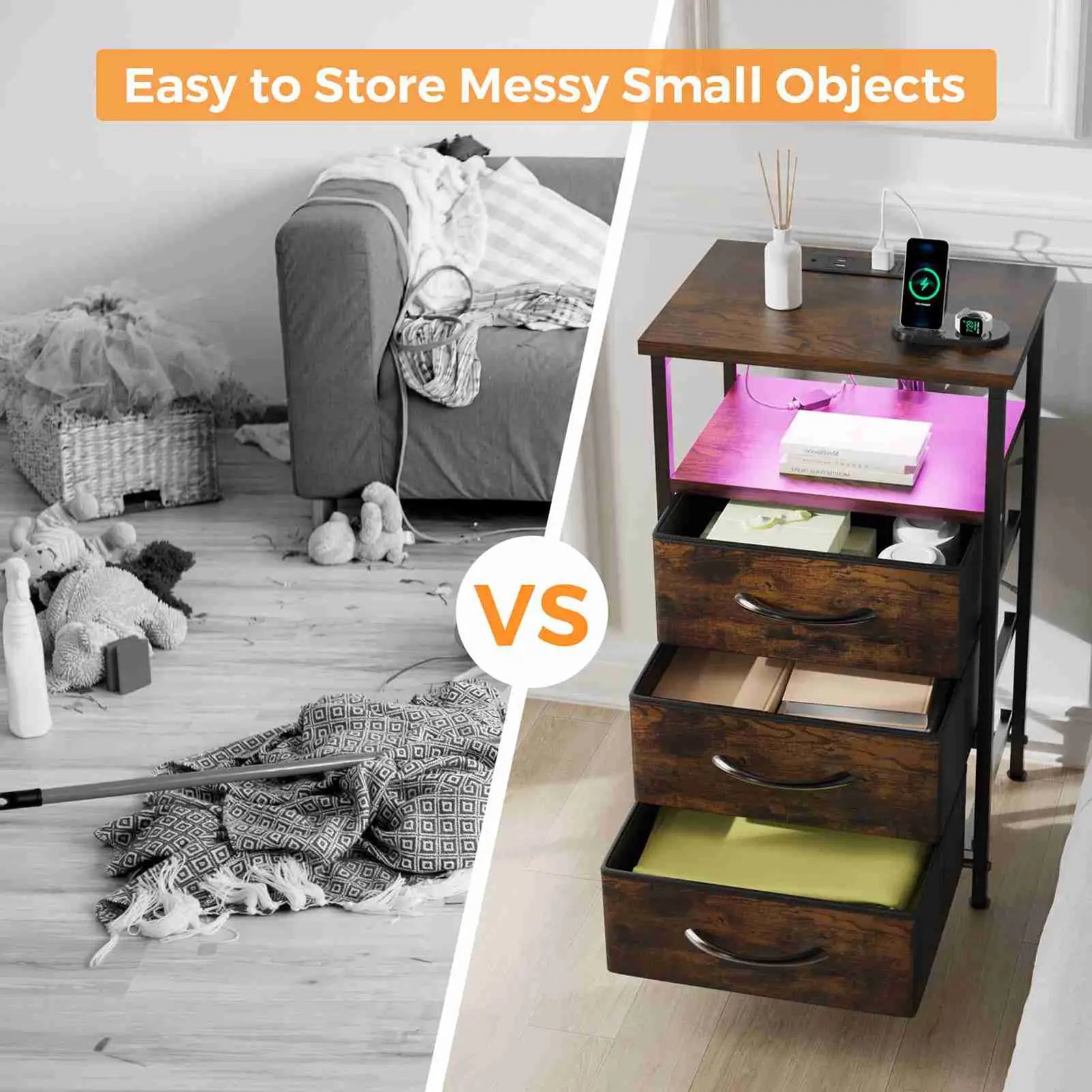 Bedside table brown color multifunctional iron and triamine plate nightstand side for living room bedroom - united