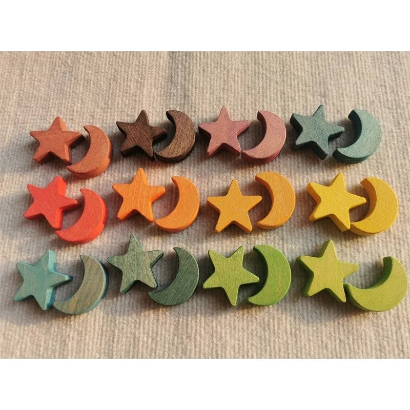 Rainbow wooden stacking star heart blocks pastel nordic beech moon clound open-ended play - game