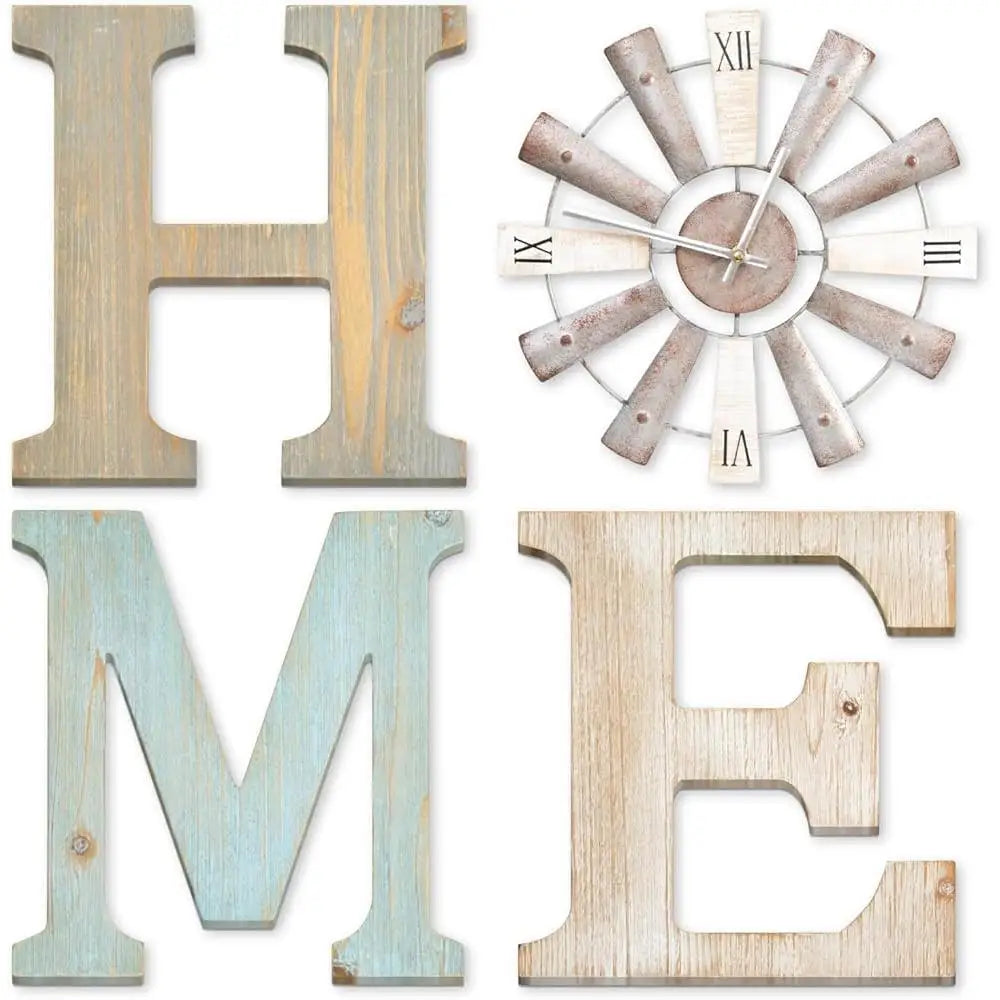 Farmhouse wall decor rustic home signs windmill clock iron wood letters art living room kitchen entryway dining