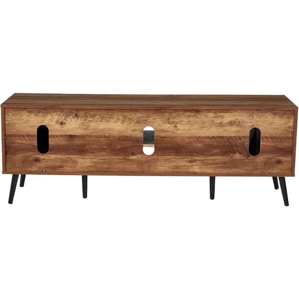 Mid century modern wooden tv stand entertainment center console with open shelving and 2 cabinets for televisions