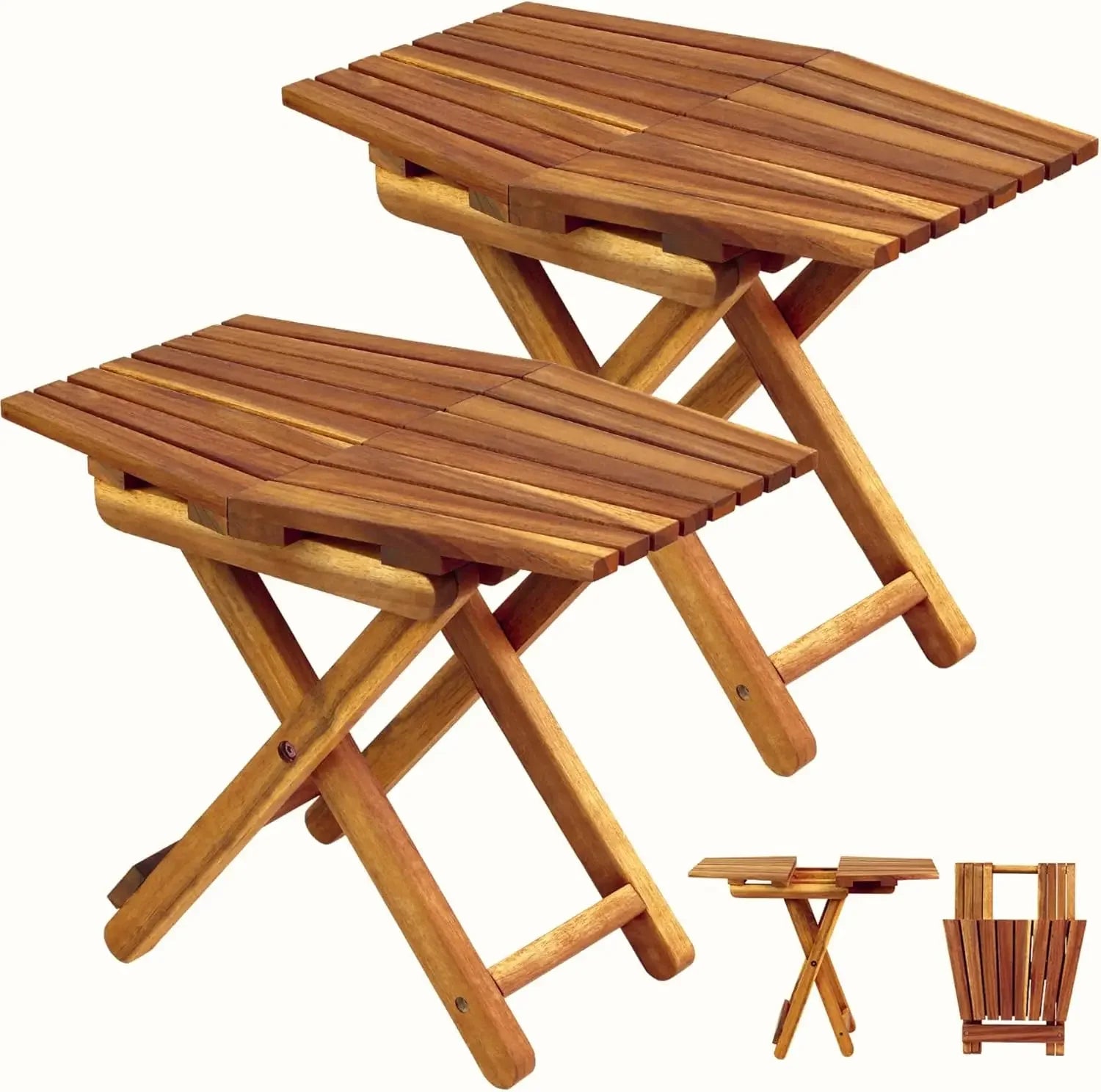 Small patio table outdoor folding side accent coffee end wood top - acacia - set of 2 / united states