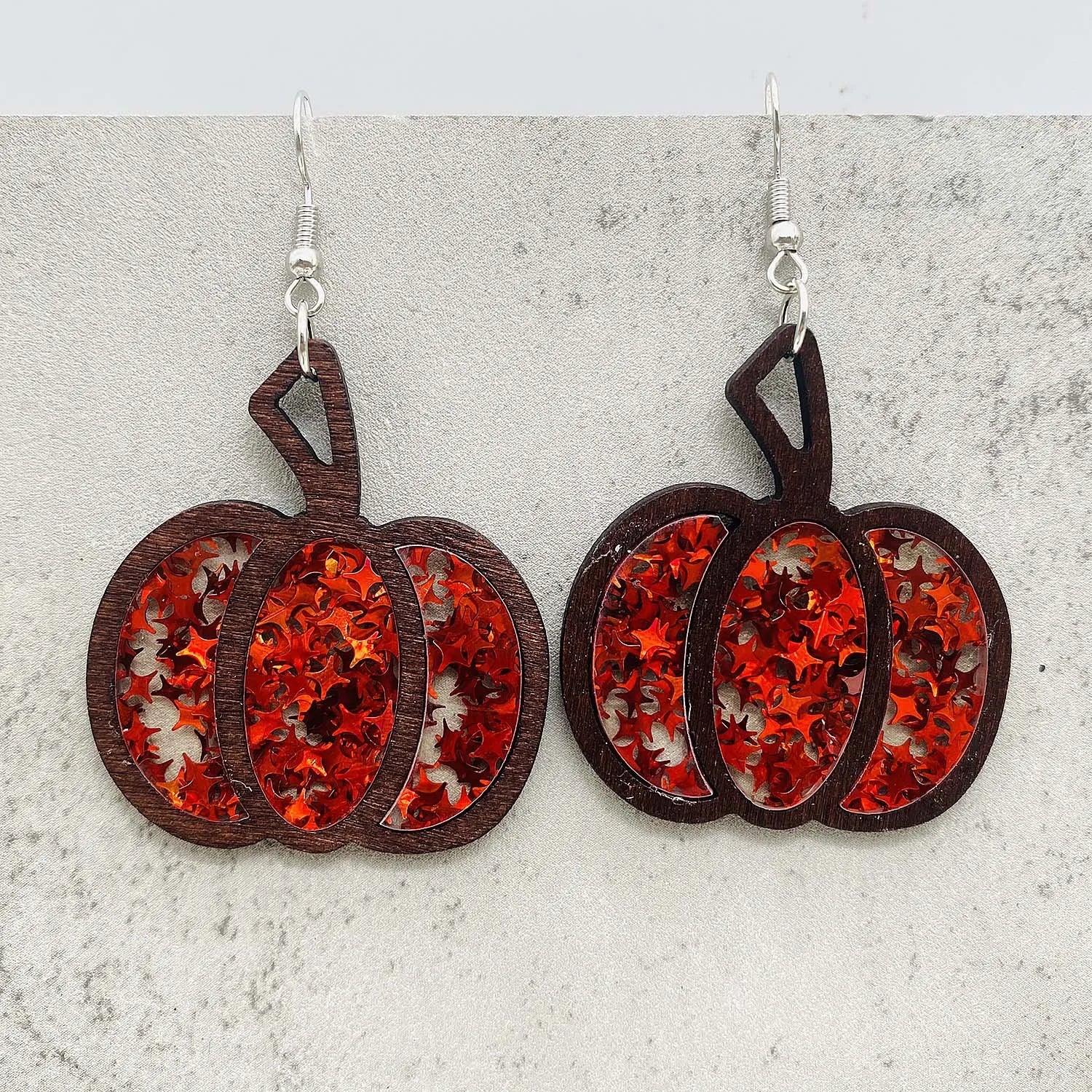 New autumn thanksgiving earrings halloween pumpkin wooden inlaid acrylic glitter jewelry for women gifts - united